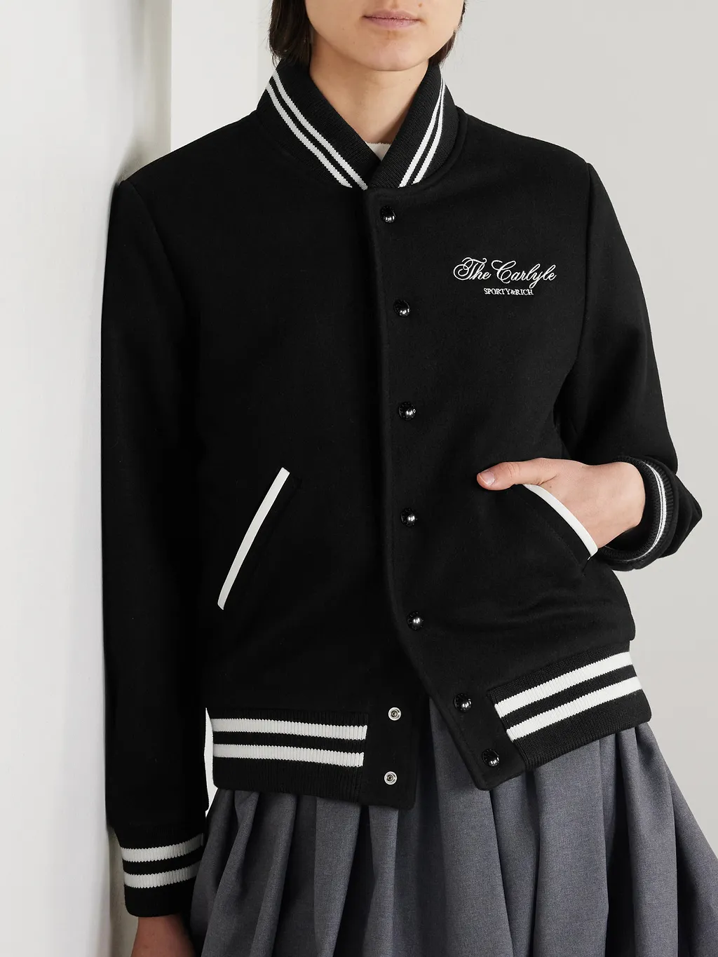 Embroidered Striped Wool Blend Baseball Jacket