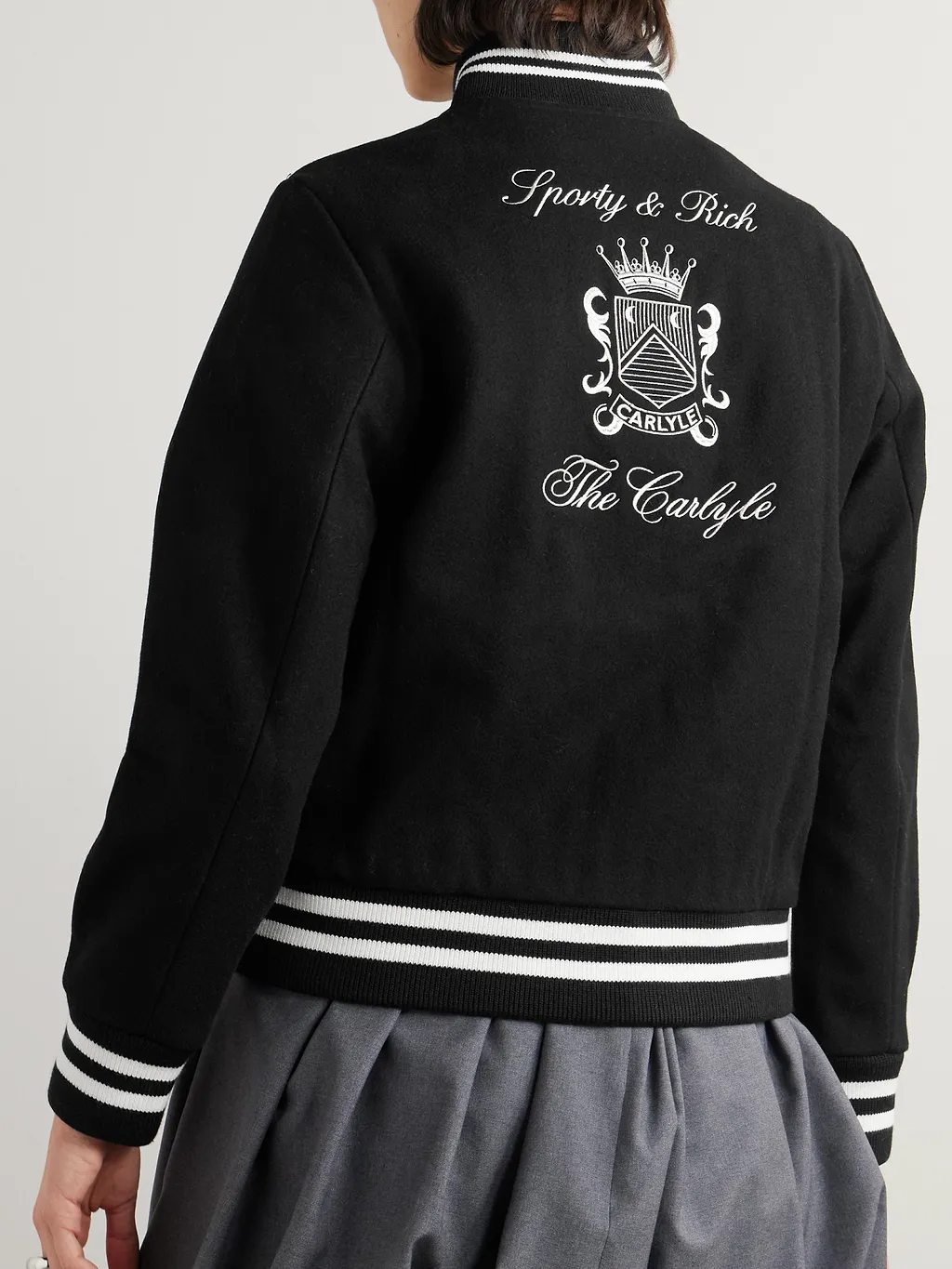 Embroidered Striped Wool Blend Baseball Jacket