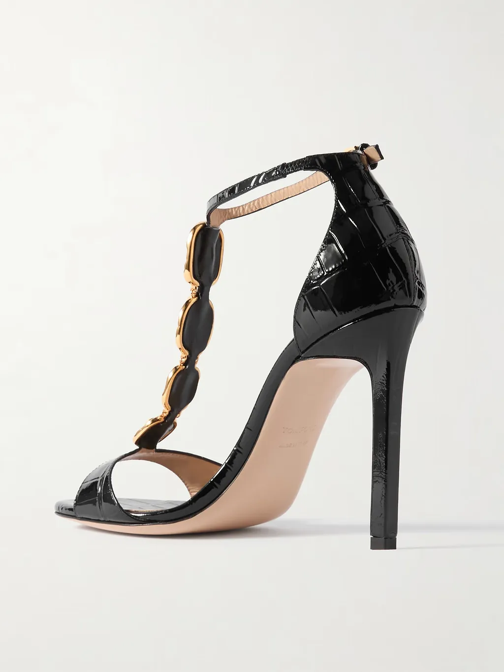 Chain T-Strap Crocodile-Embossed Sandals