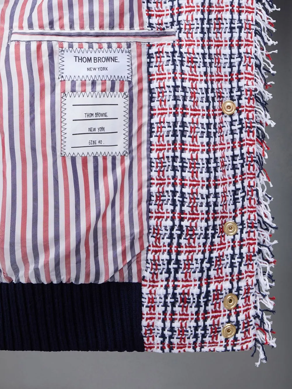 Thom Browne Rwb-Stripe Crochet Panelled Bomber Jacket