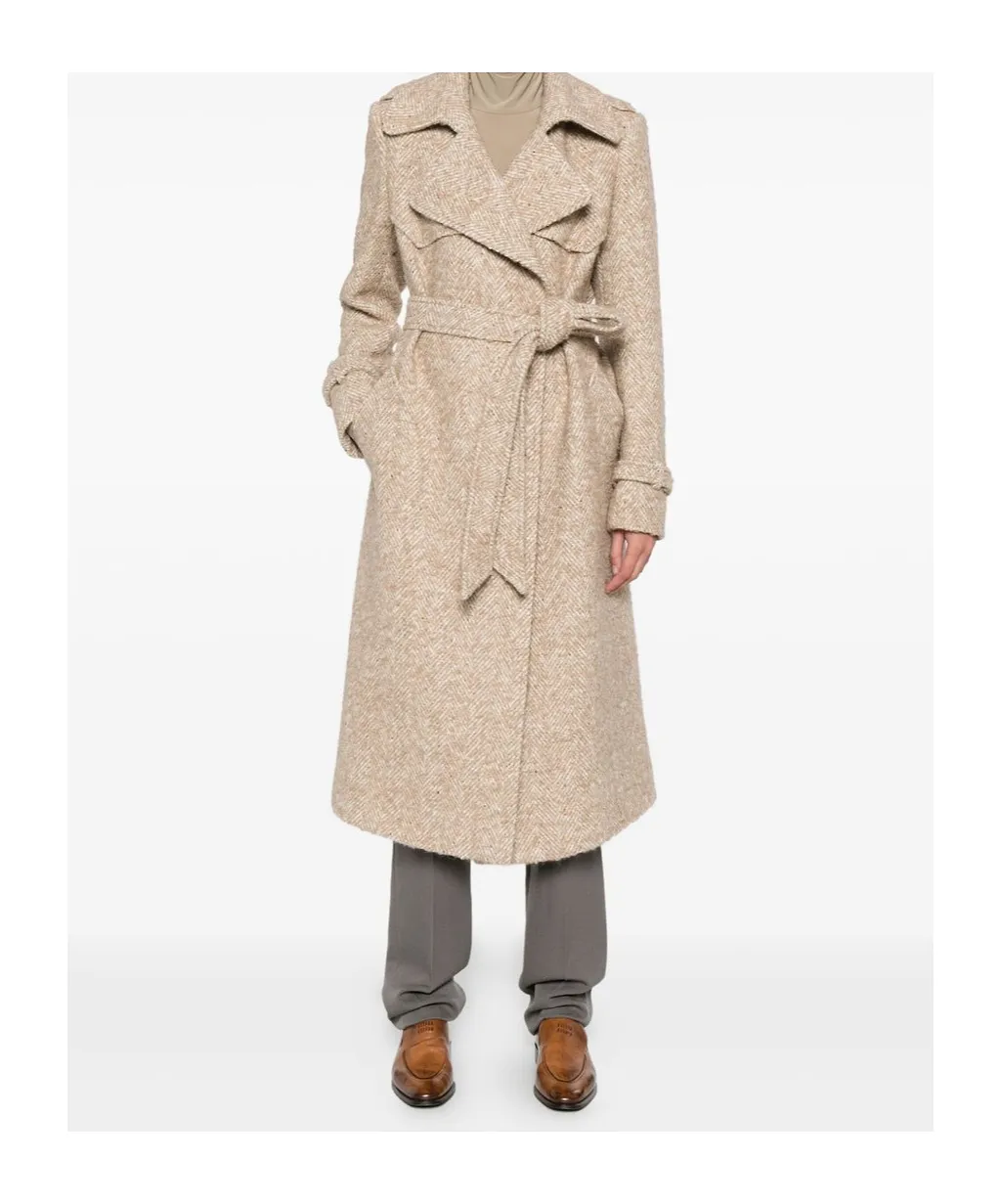 Belted Herringbone-Pattern Coat