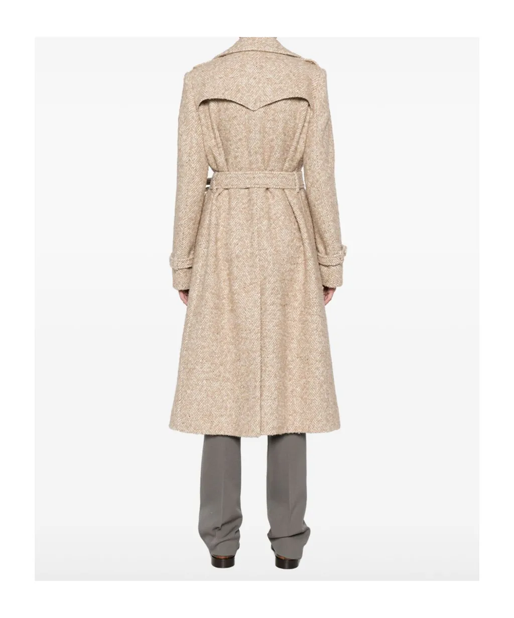 Belted Herringbone-Pattern Coat