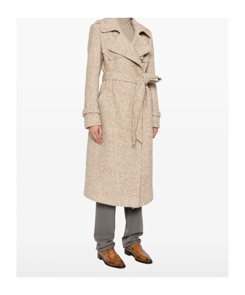 Belted Herringbone-Pattern Coat