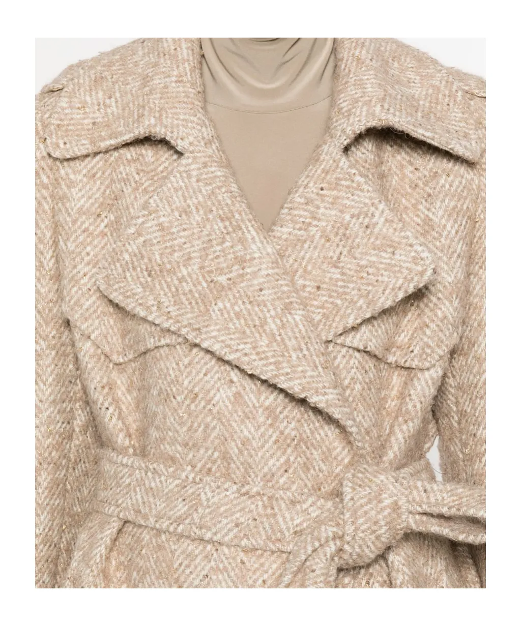 Belted Herringbone-Pattern Coat
