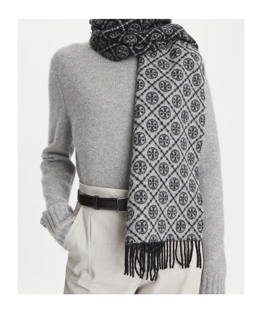 Tory Burch T Monogram Printed Fringed Scarf