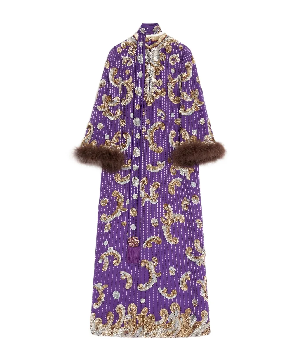 Embroidered Chiffon Dress With Feathers