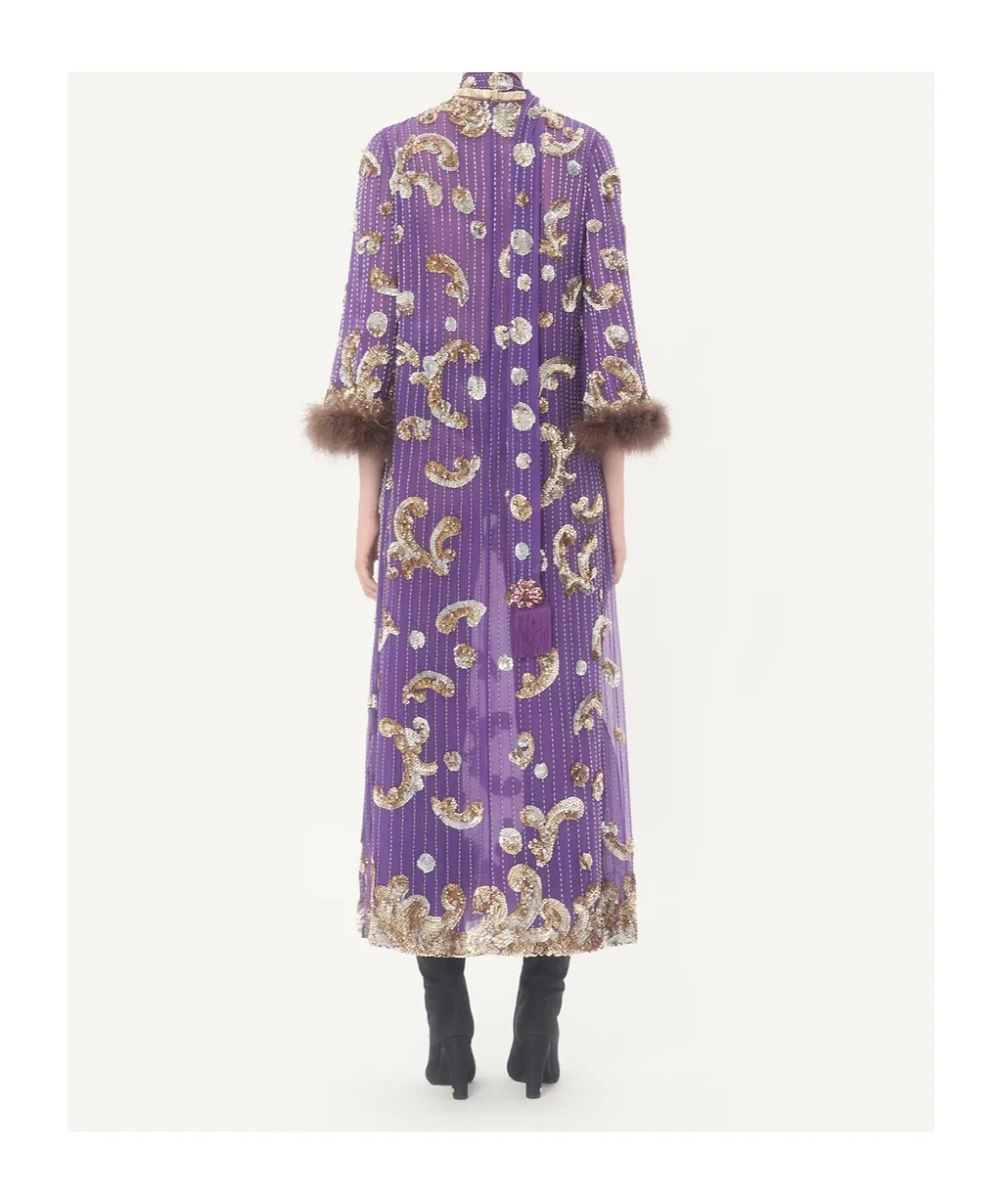 Embroidered Chiffon Dress With Feathers