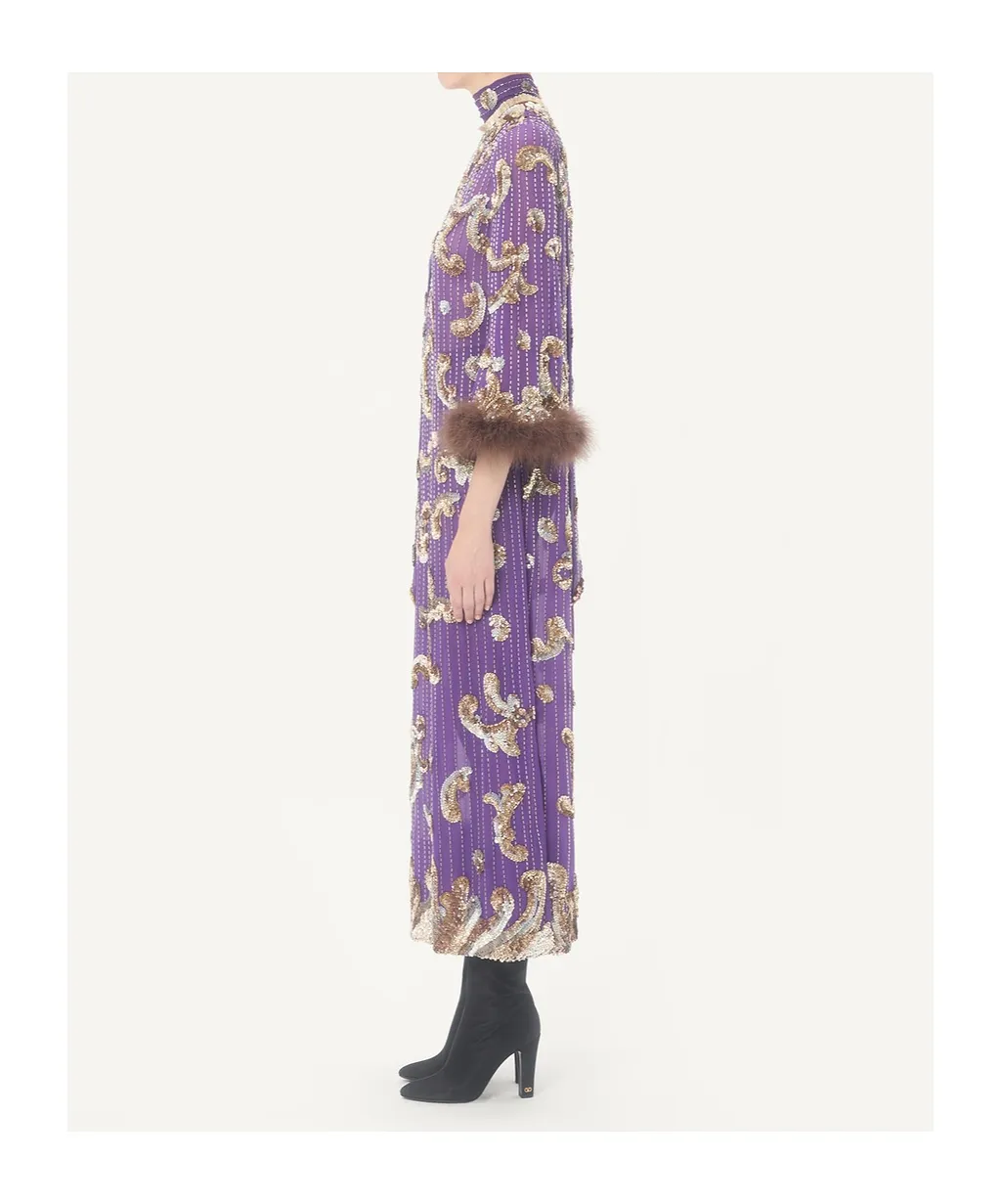 Embroidered Chiffon Dress With Feathers