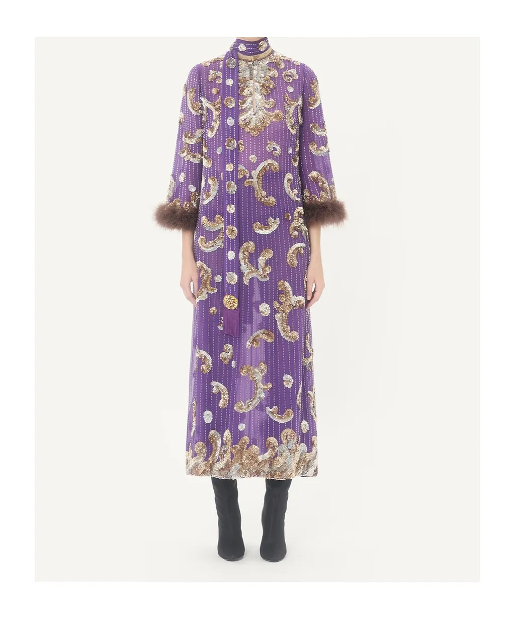 Embroidered Chiffon Dress With Feathers