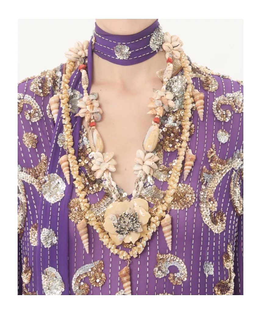Embroidered Chiffon Dress With Feathers