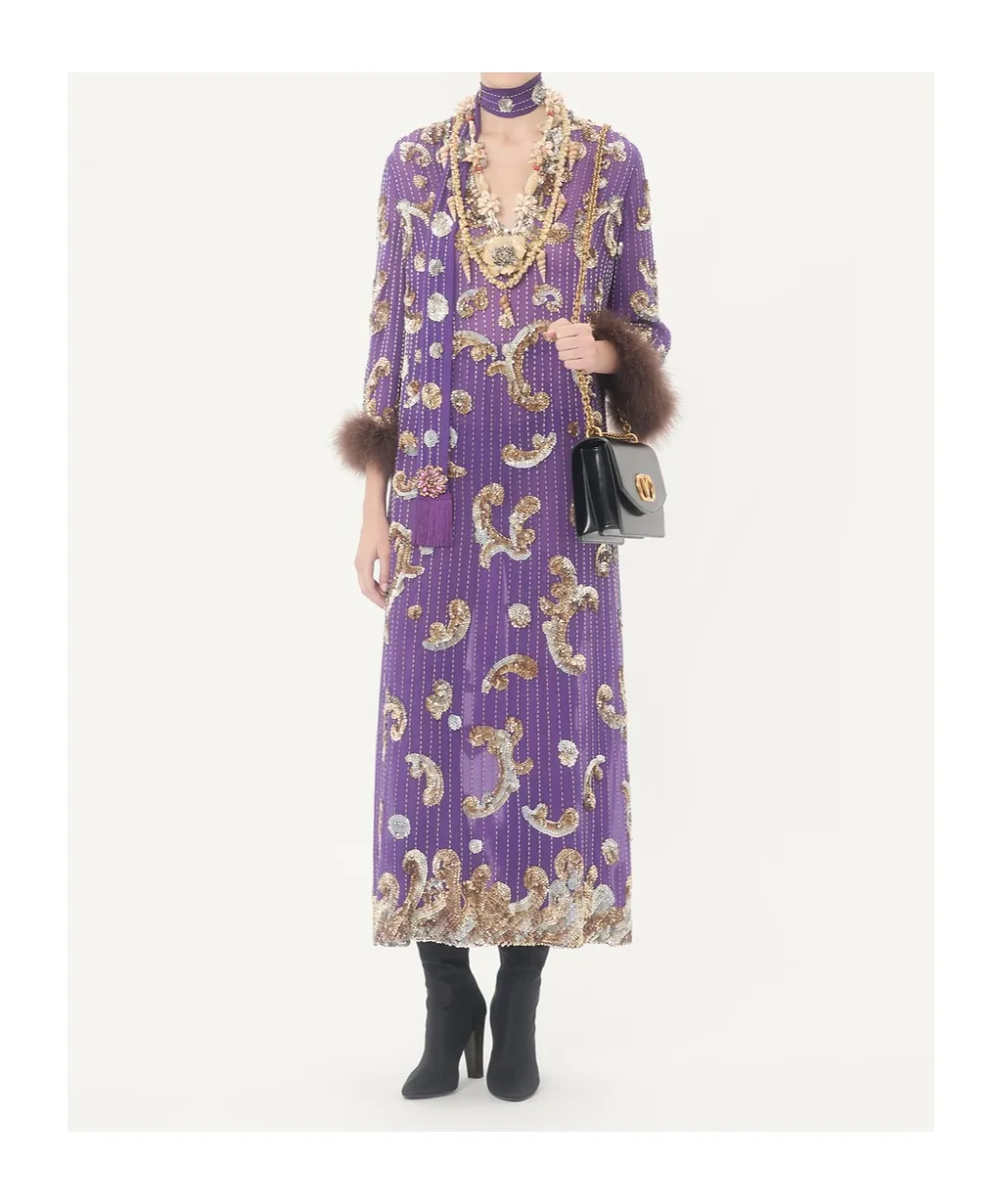 Embroidered Chiffon Dress With Feathers