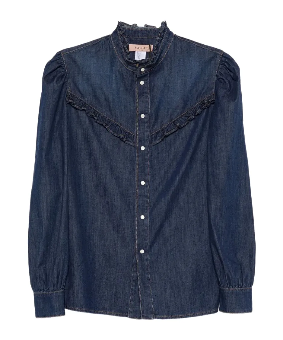Twinset Ruffle Detailed Button-Up Denim Shirt