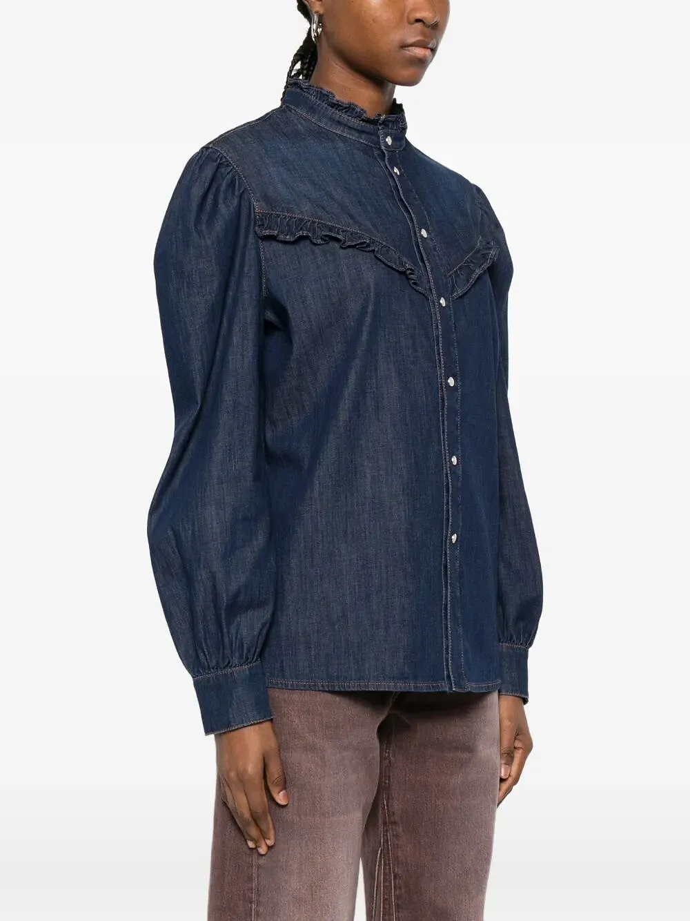 Twinset Ruffle Detailed Button-Up Denim Shirt