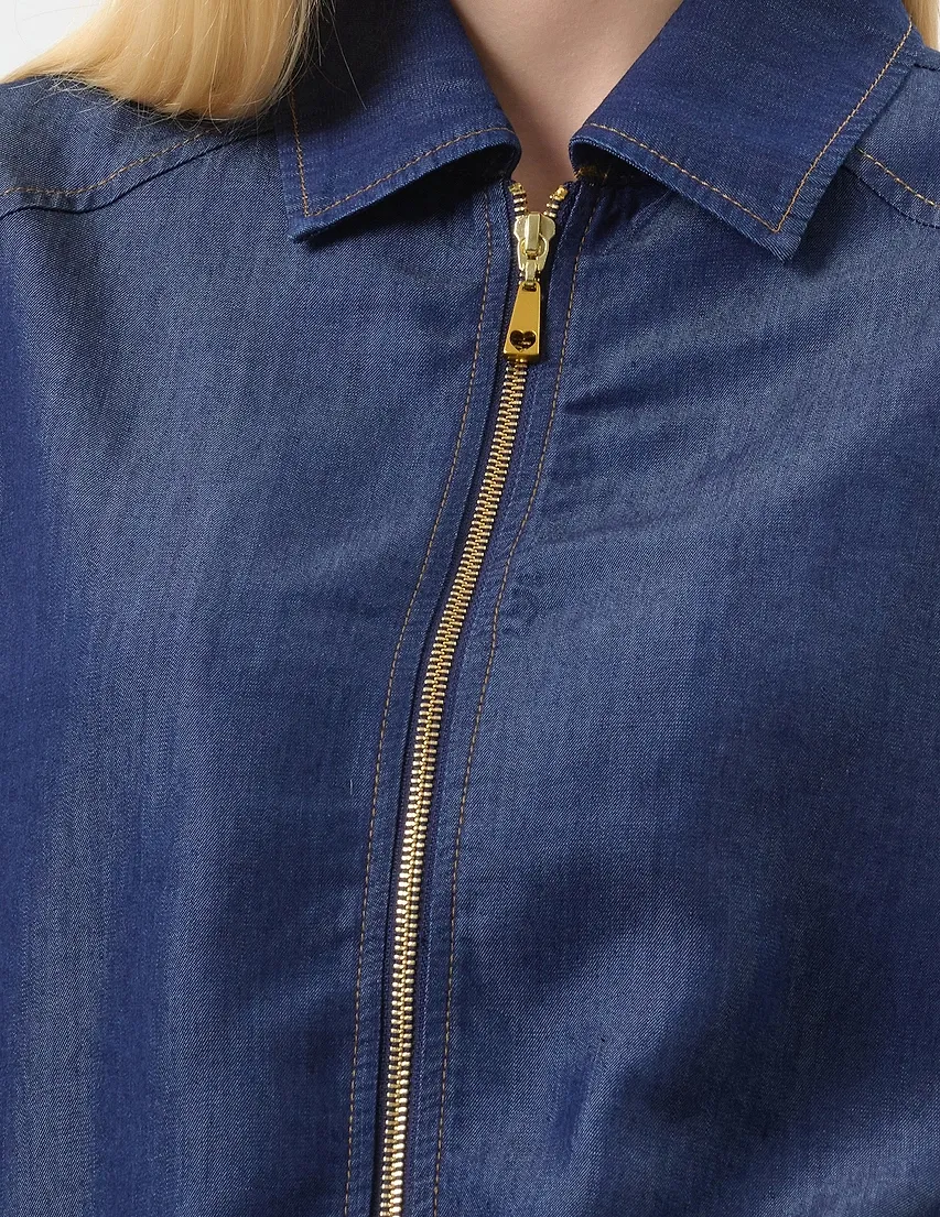 Zippered Long-Sleeved Denim Jacket