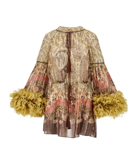 Valentino Paisley Printed Feather-Trim Blouse