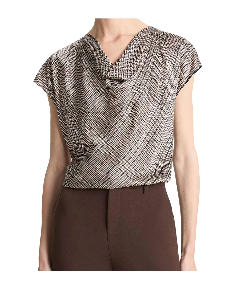 Pressed Plaid Silk Cowl-Neck Blouse