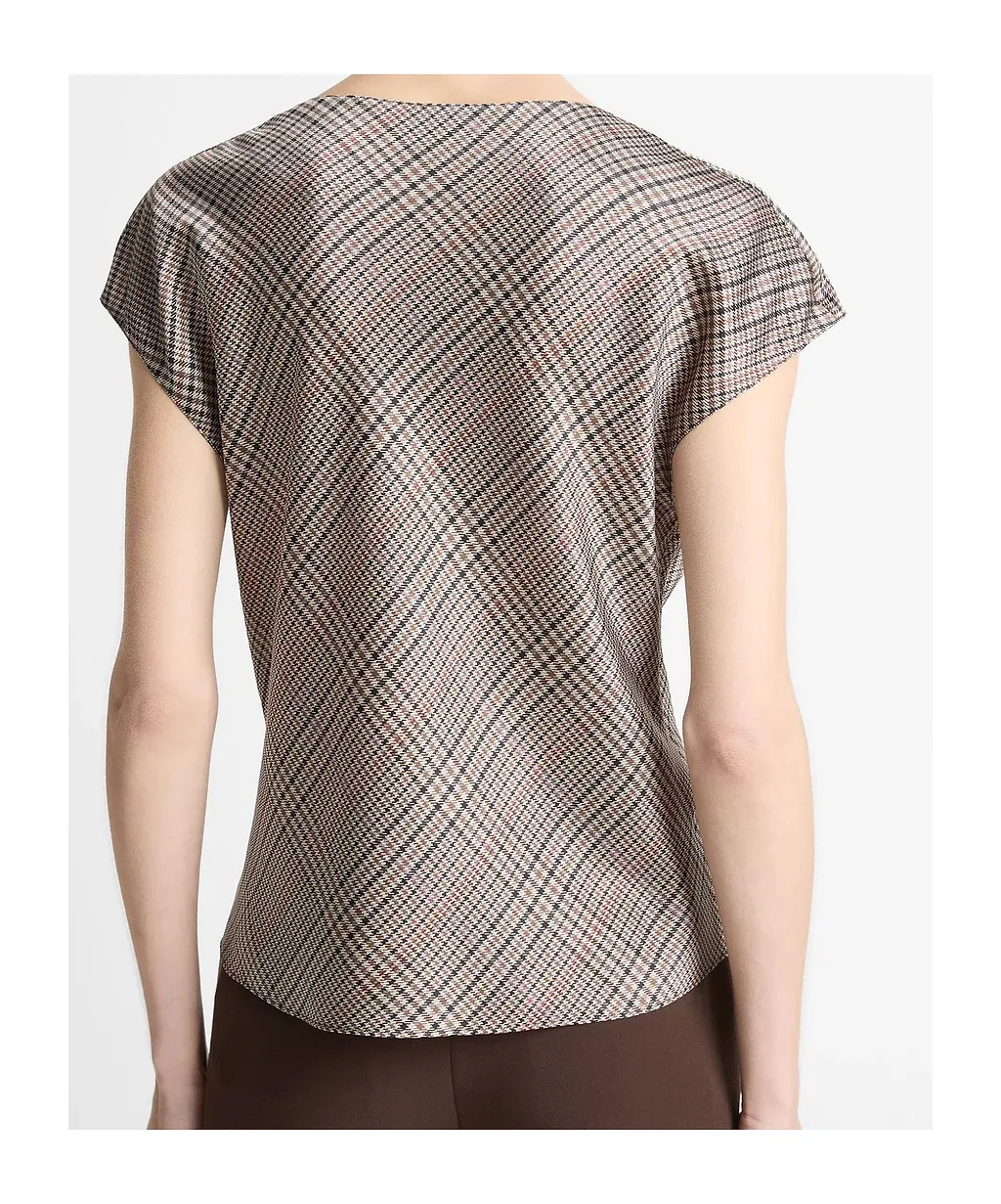 Pressed Plaid Silk Cowl-Neck Blouse