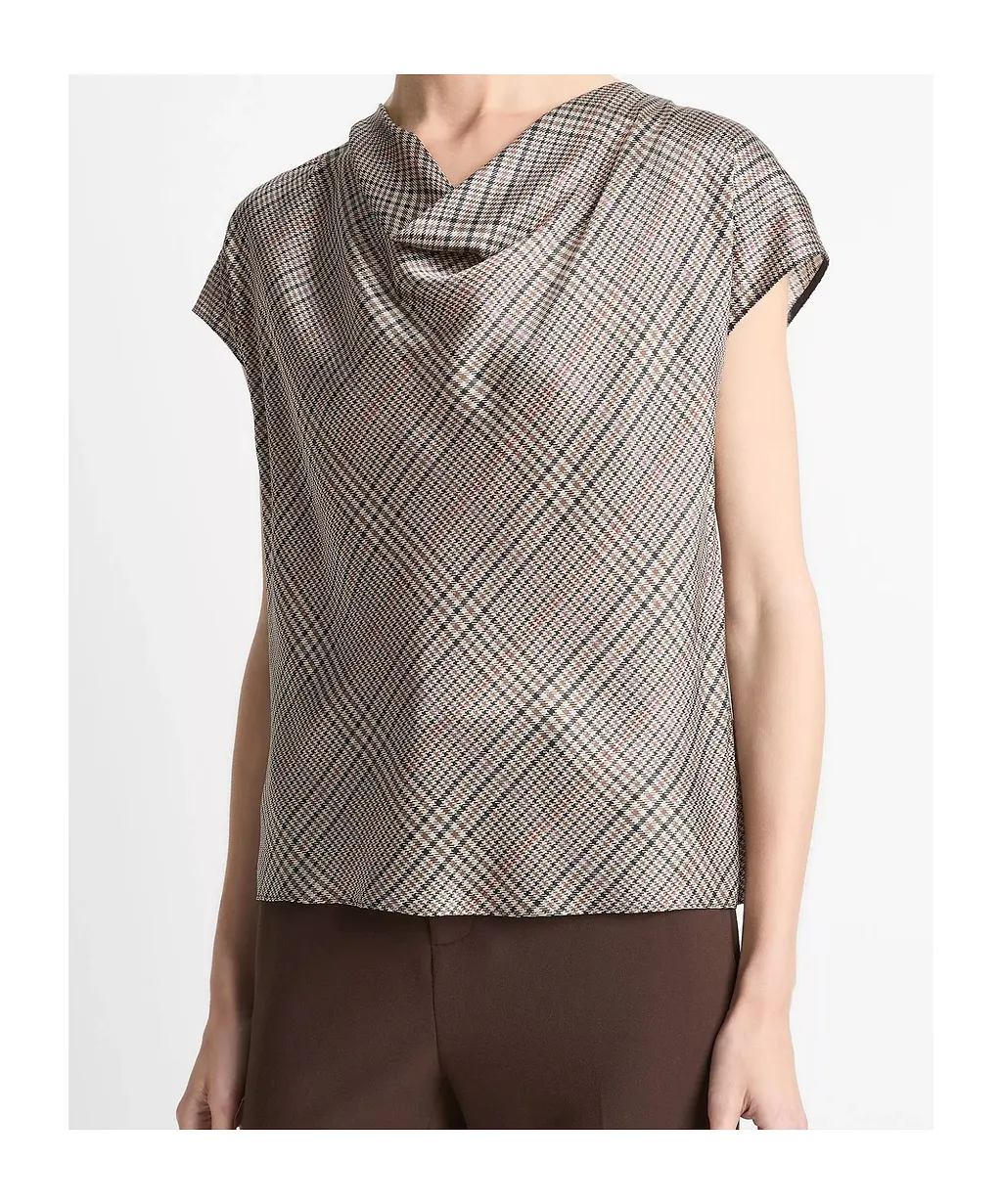 Pressed Plaid Silk Cowl-Neck Blouse