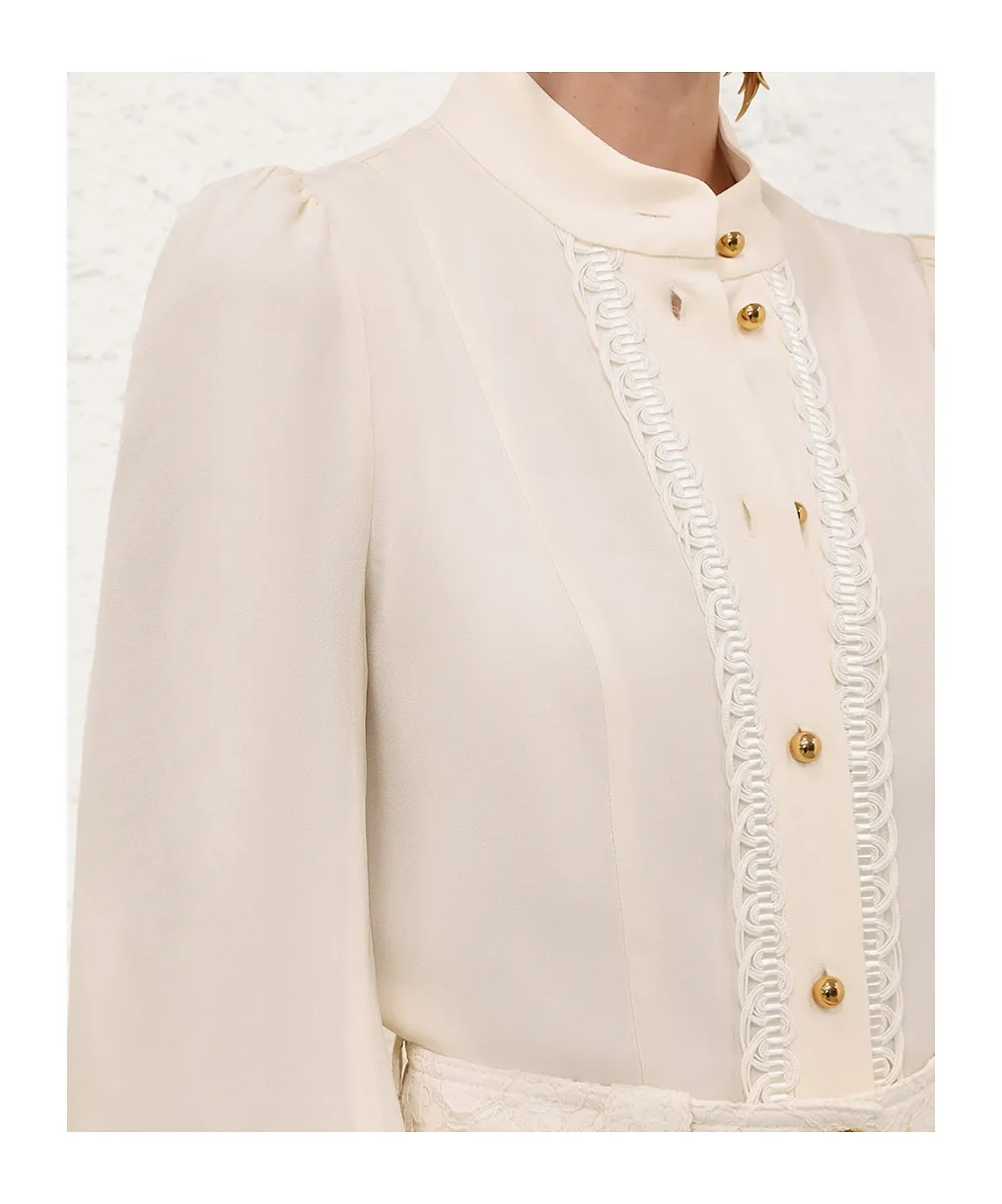 Button-Fastening Trim-Detail Blouse