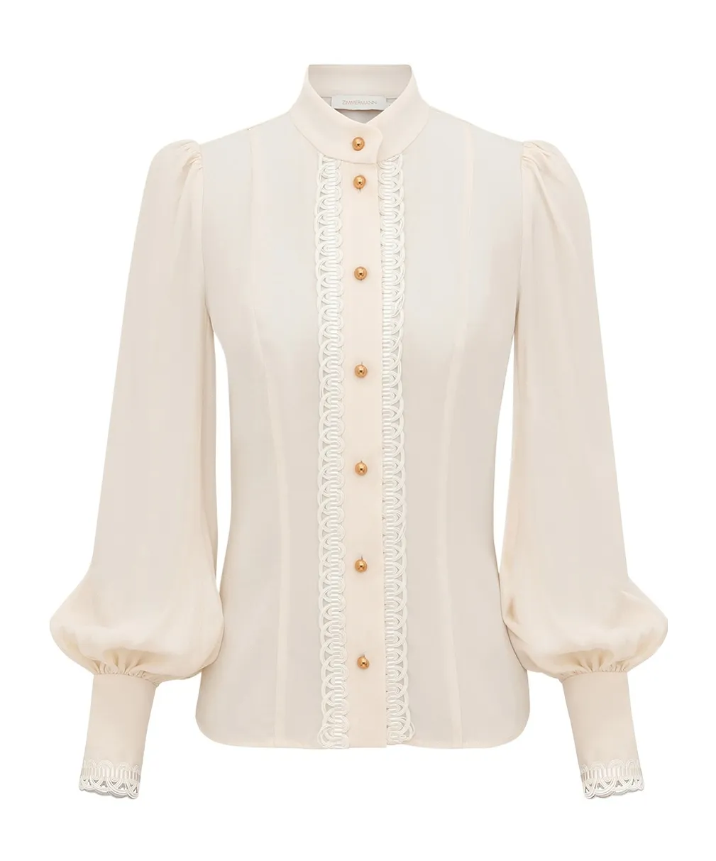 Button-Fastening Trim-Detail Blouse