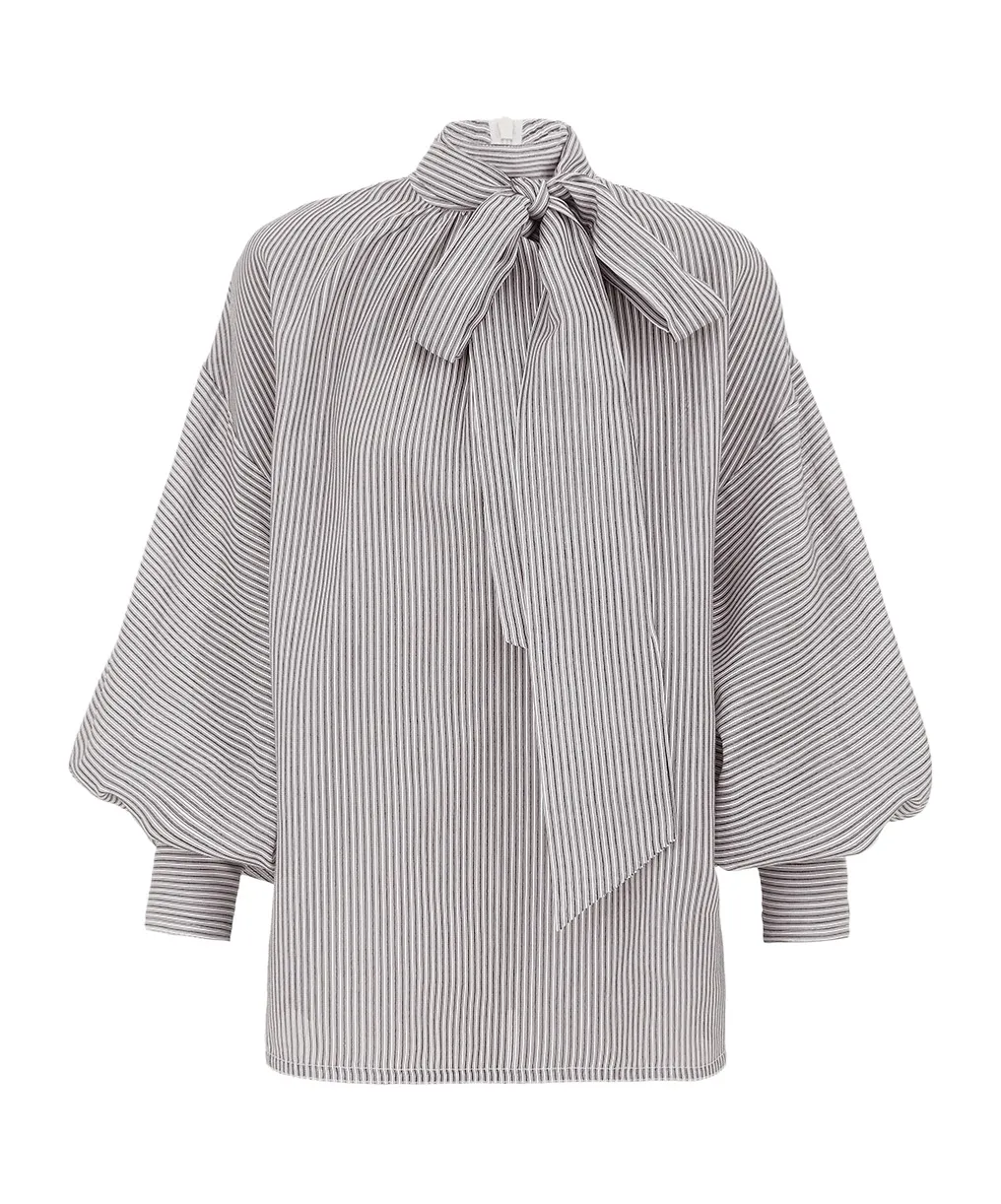 Striped Balloon-Sleeve Blouse
