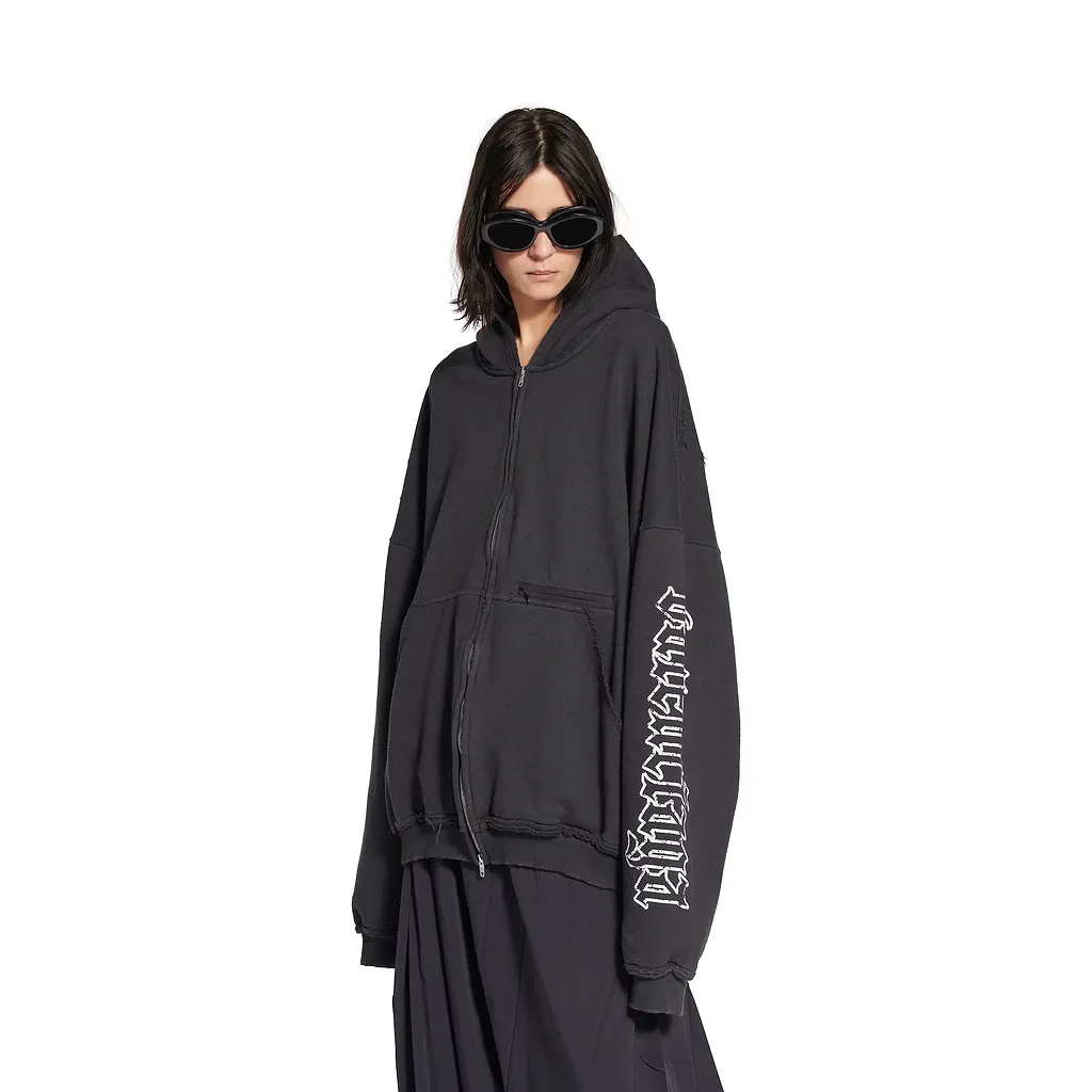 Blackletter Script Pulled Zip-Up Hoodie Large Fit