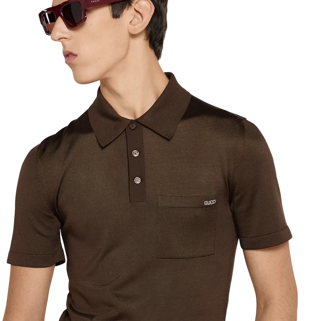 Fine Silk Knit Polo Top With Intarsia