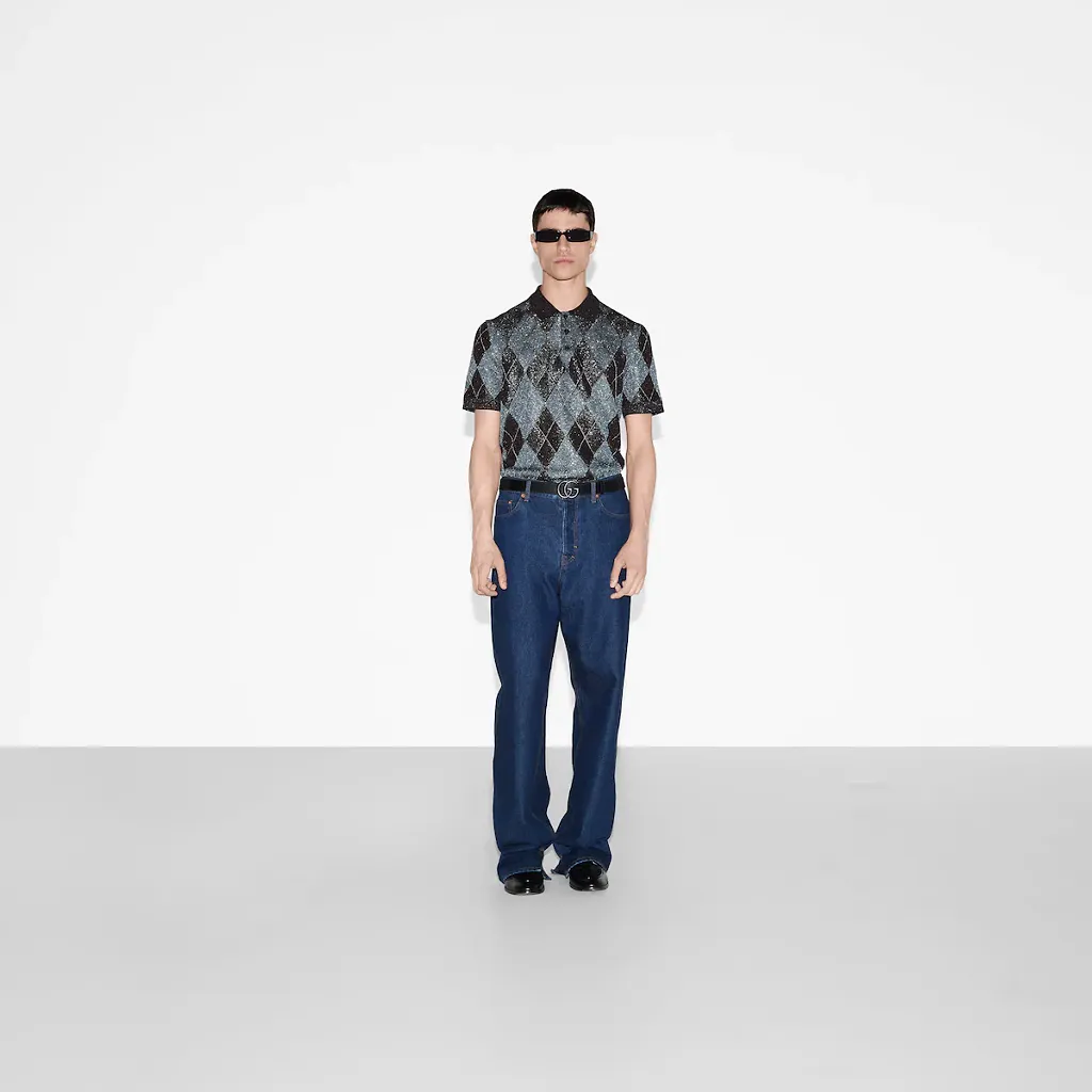 Viscose Lamé Argyle Knit Polo Shirt