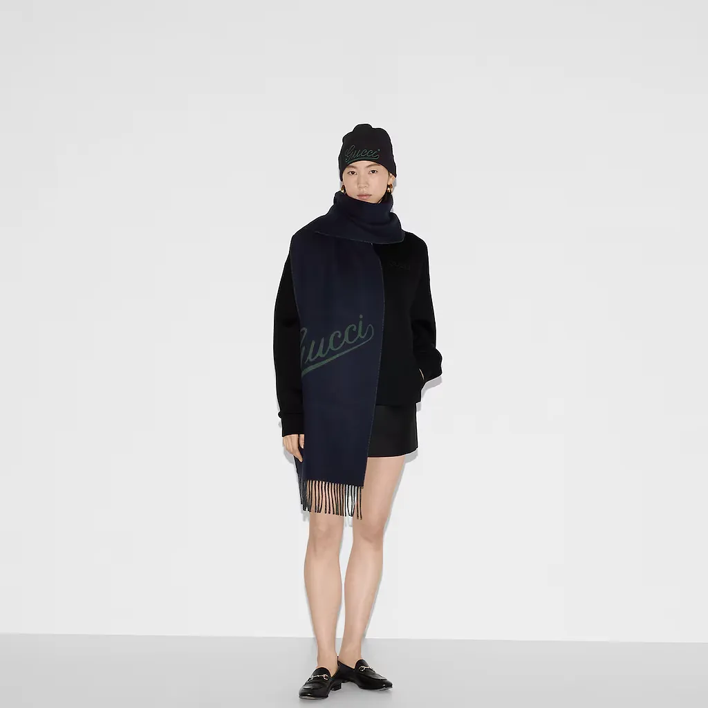 Wool Cashmere Scarf With Gucci Script