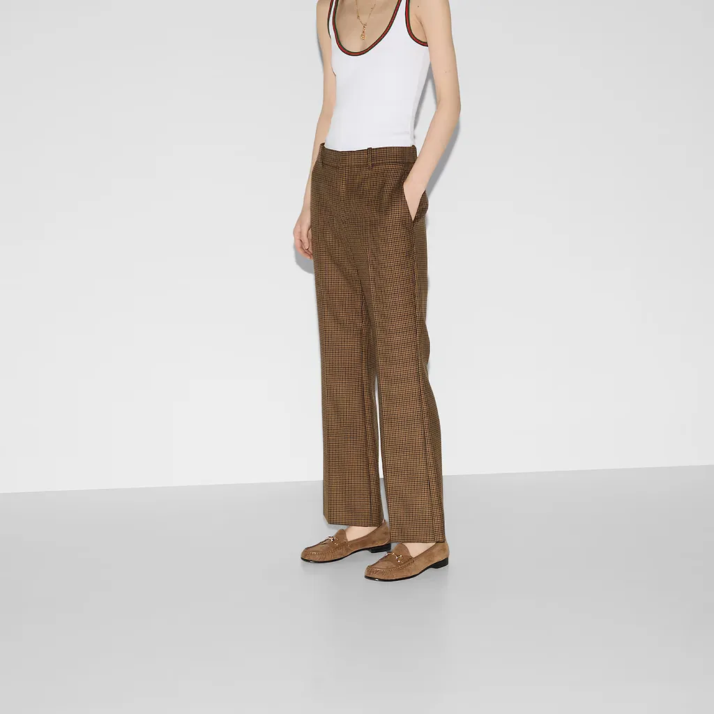 Embroidered Houndstooth Wool Trousers
