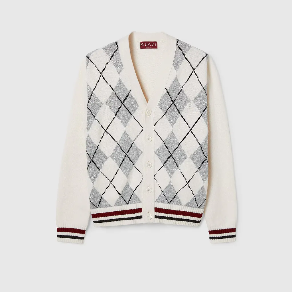 Wool Argyle Intarsia Knit Cardigan