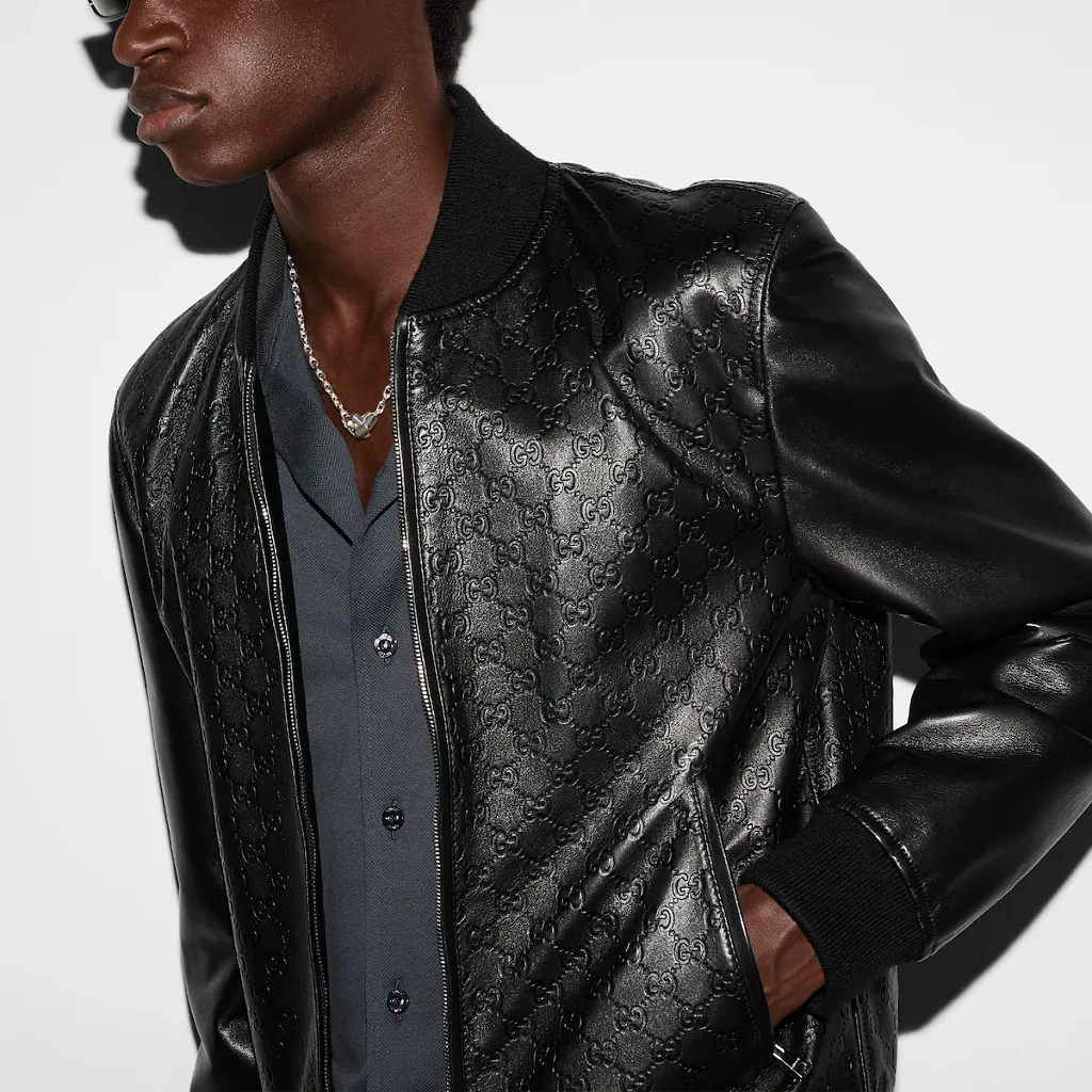 Embossed Gg Leather Bomber Jacket