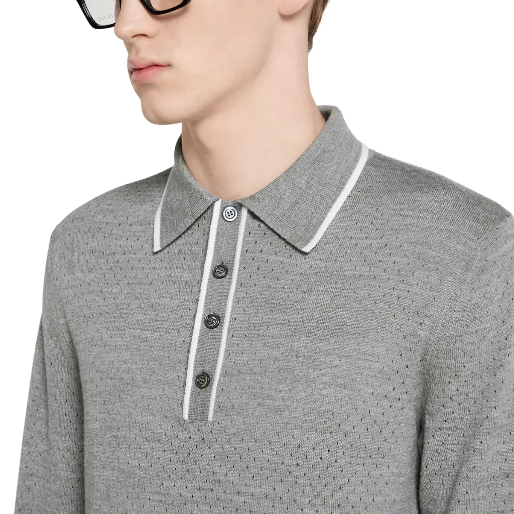 Fine Wool Knit Polo Shirt With Intarsia