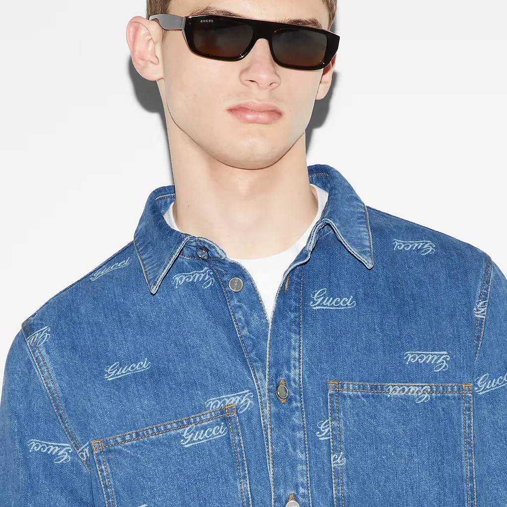 Denim Shirt With Lasered Gucci Detail