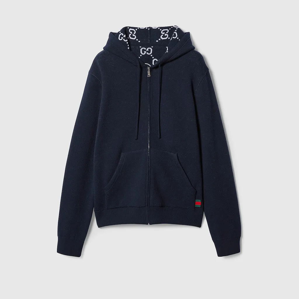 Reversible Gg Wool Hooded Zip Jacket