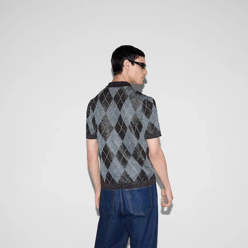 Viscose Lamé Argyle Knit Polo Shirt