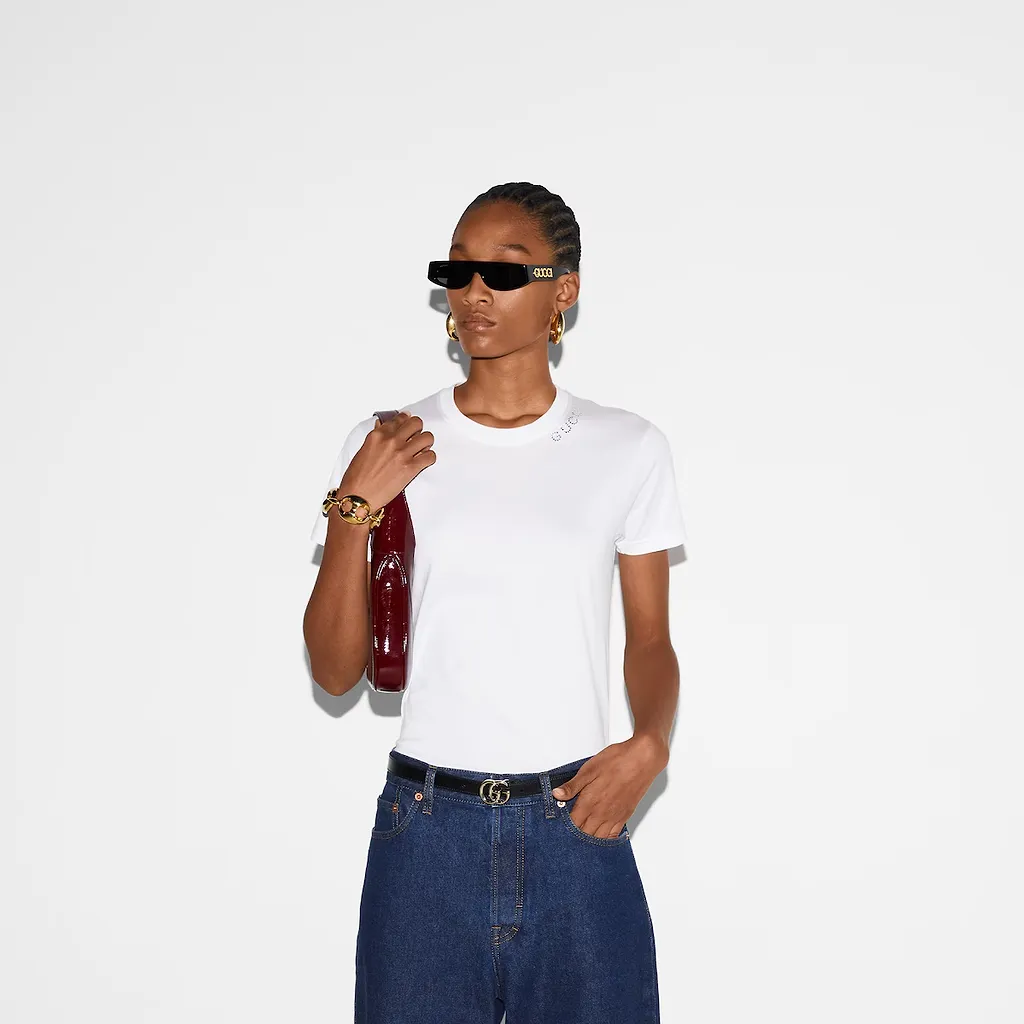 Cotton Jersey T-Shirt With Crystal