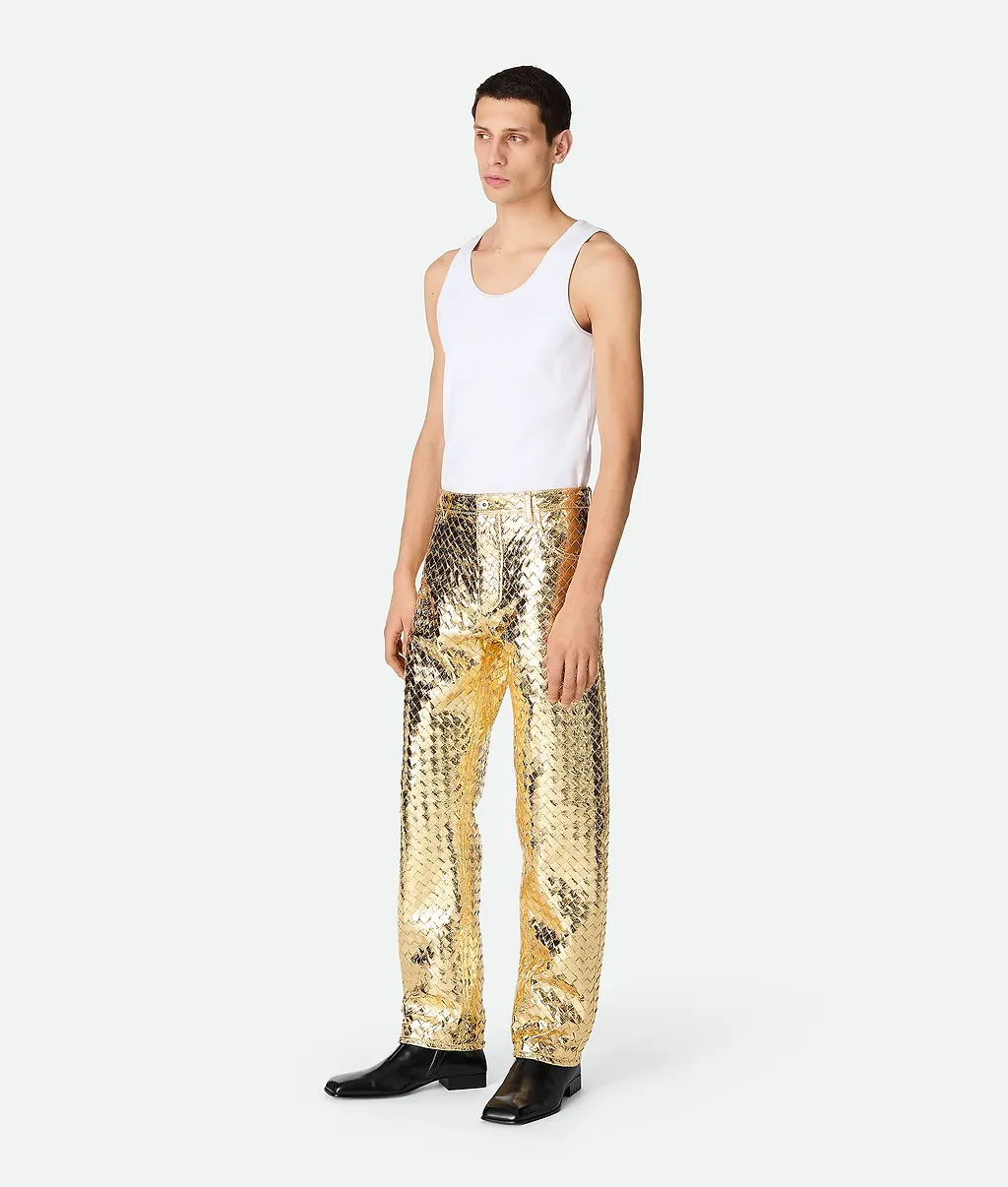 Laminated Intrecciato Leather Straight Pants