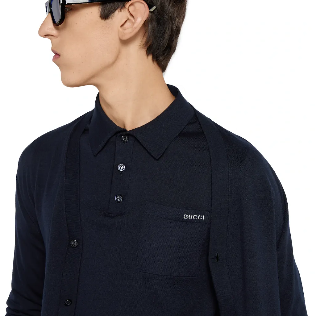 Fine Wool Knit Polo Top With Intarsia