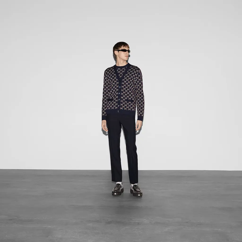 Wool Jacquard Cardigan With Gg Shadow
