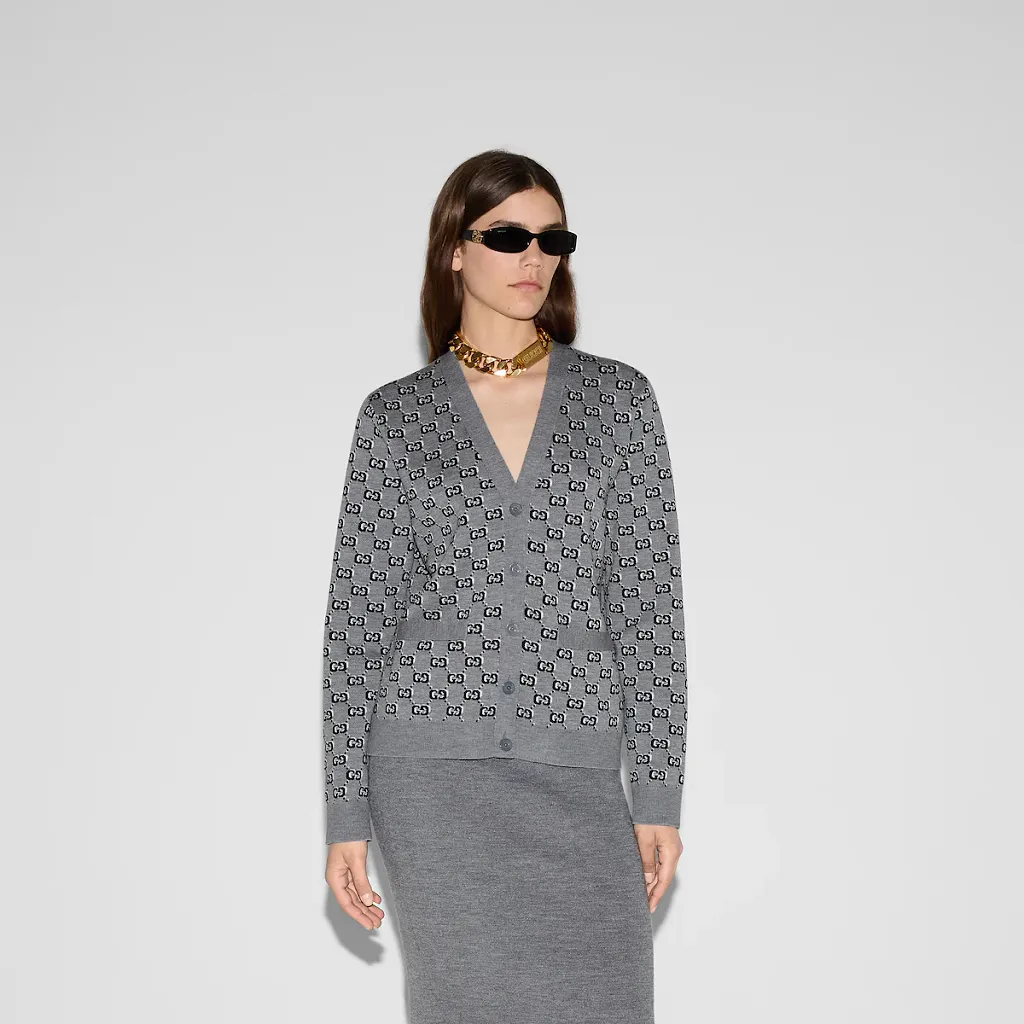Wool Jacquard Cardigan With Gg Shadow