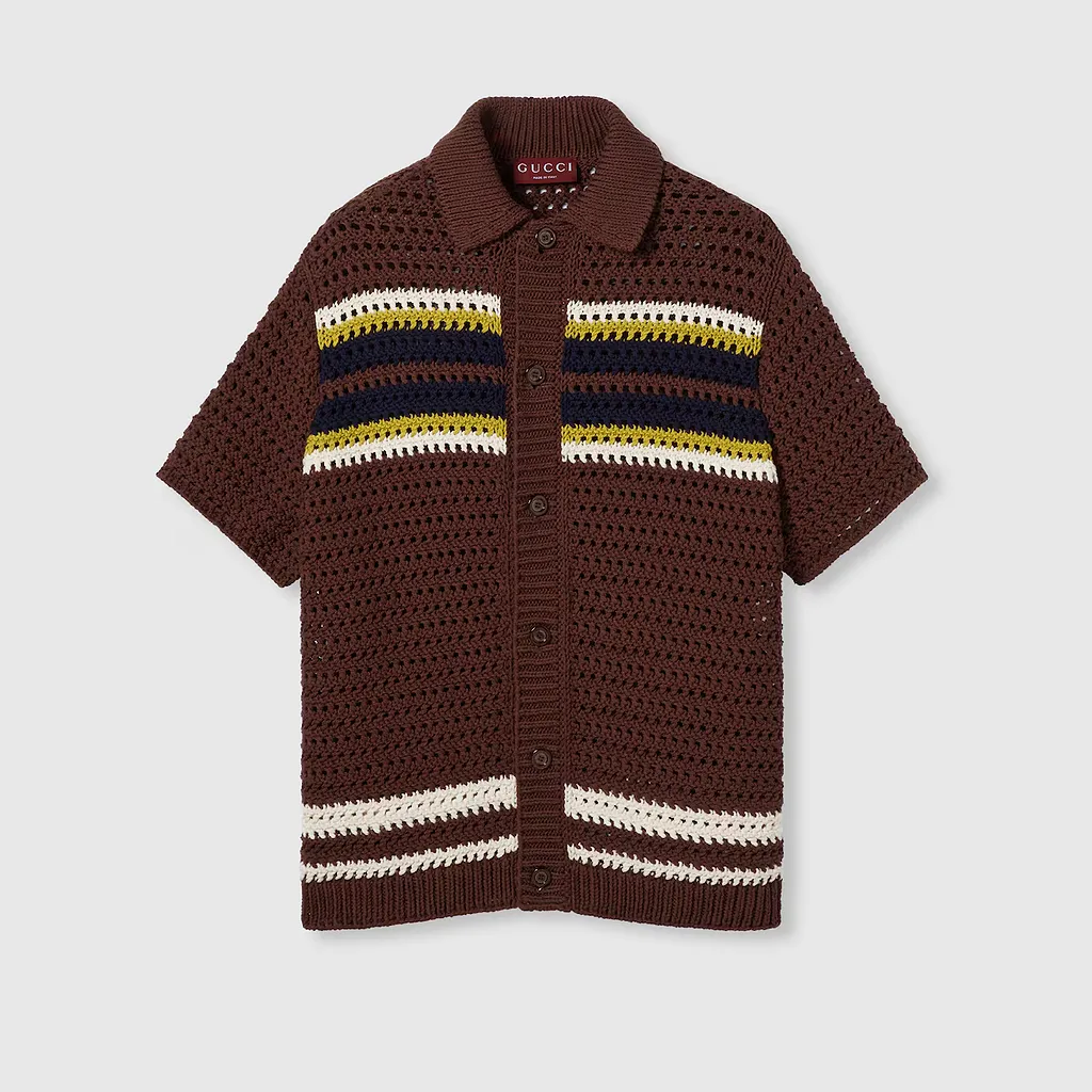 Crochet Cotton Knit Polo Shirt With Stripes