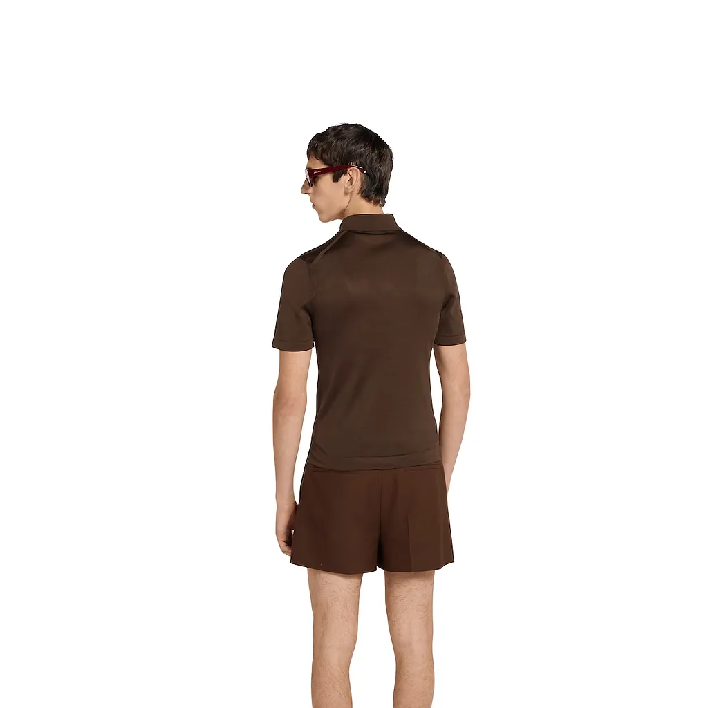 Fine Silk Knit Polo Top With Intarsia
