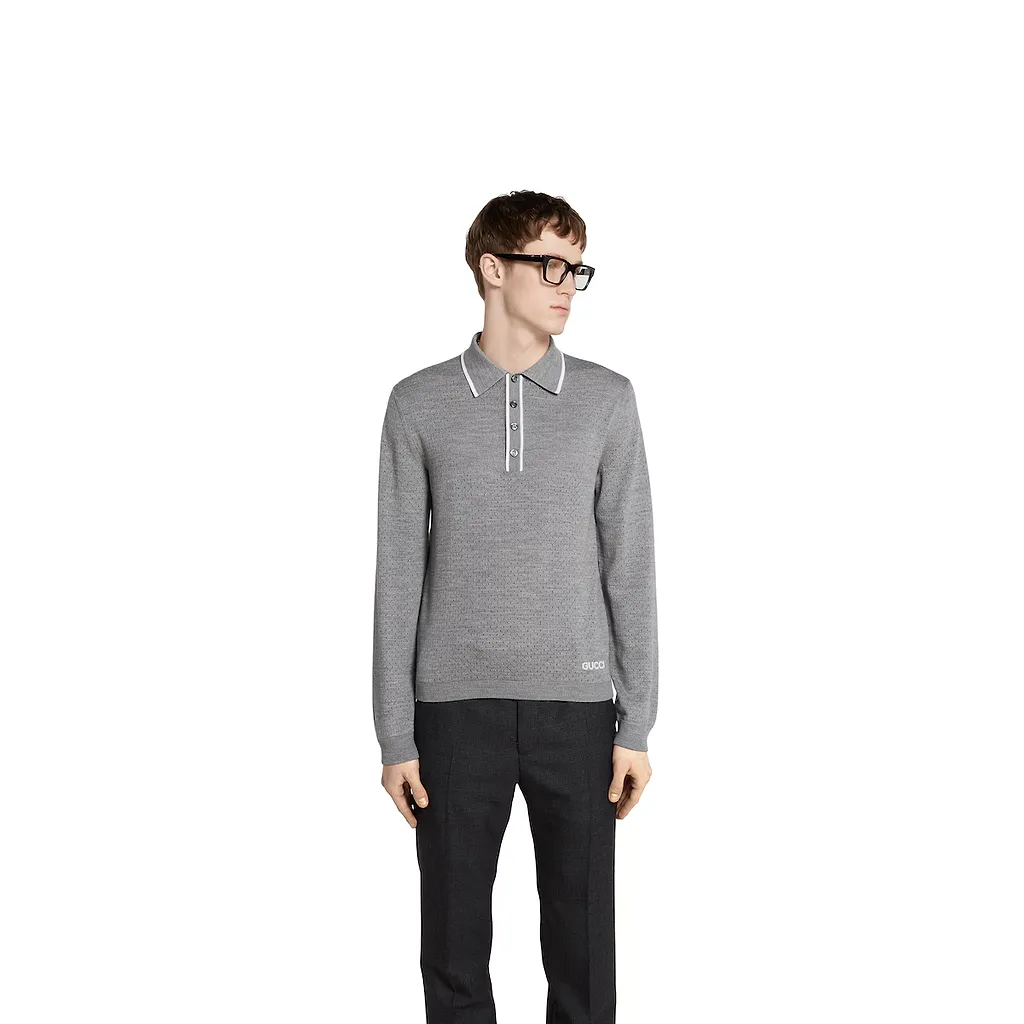 Fine Wool Knit Polo Shirt With Intarsia