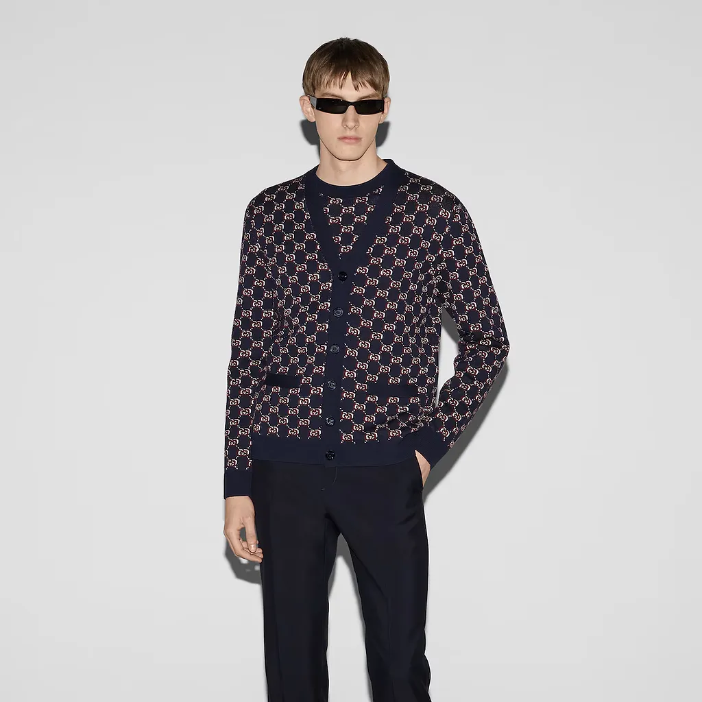 Wool Jacquard Cardigan With Gg Shadow