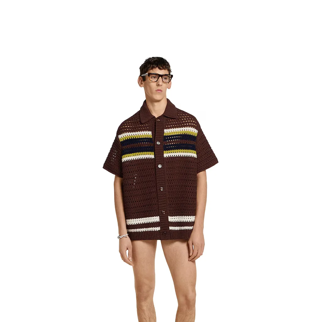 Crochet Cotton Knit Polo Shirt With Stripes