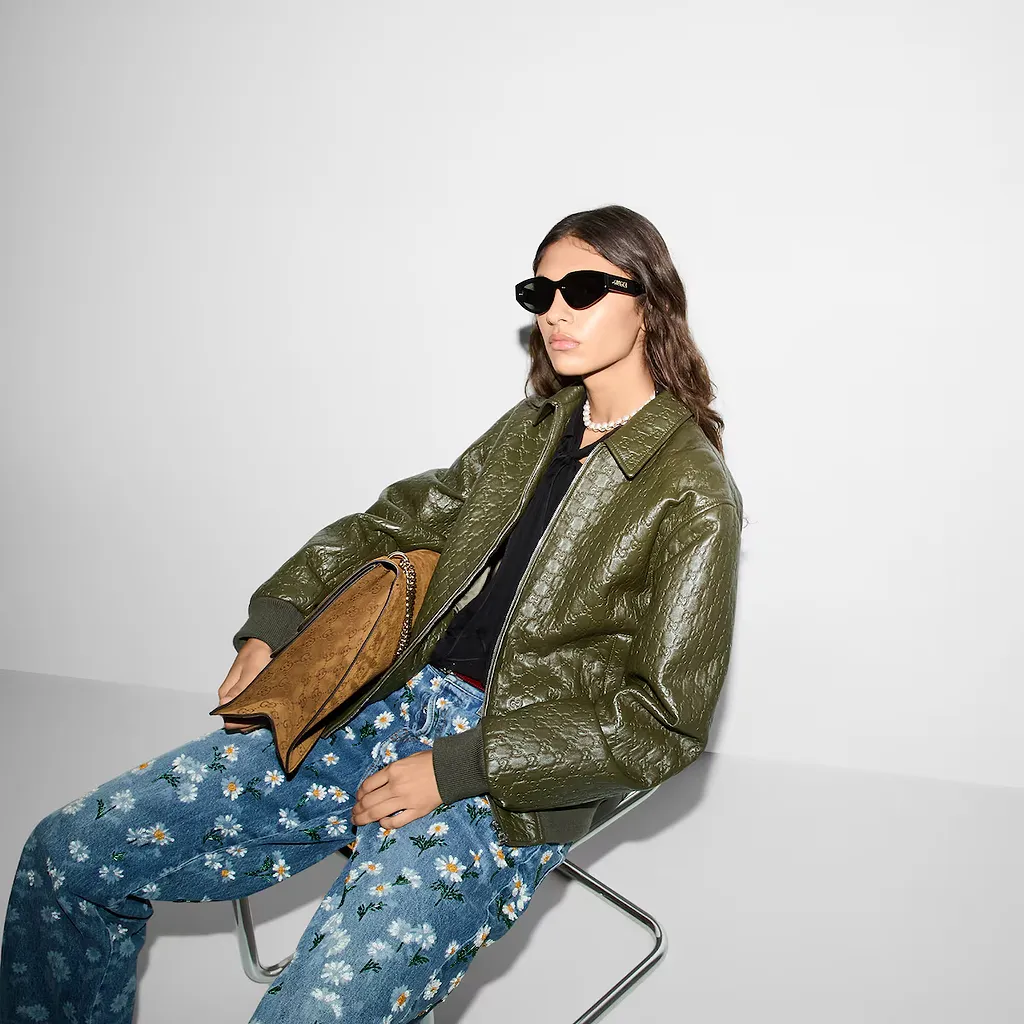 Gg Embossed Leather Bomber Jacket