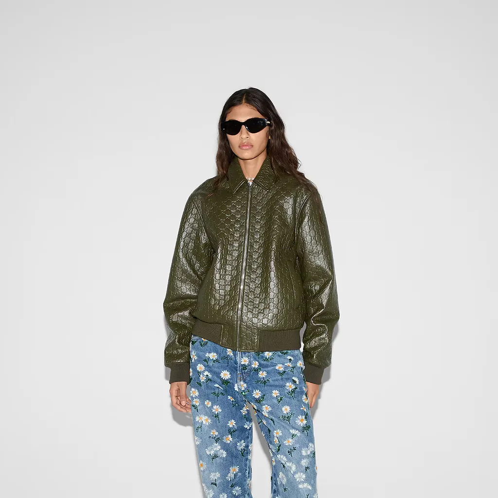 Gg Embossed Leather Bomber Jacket