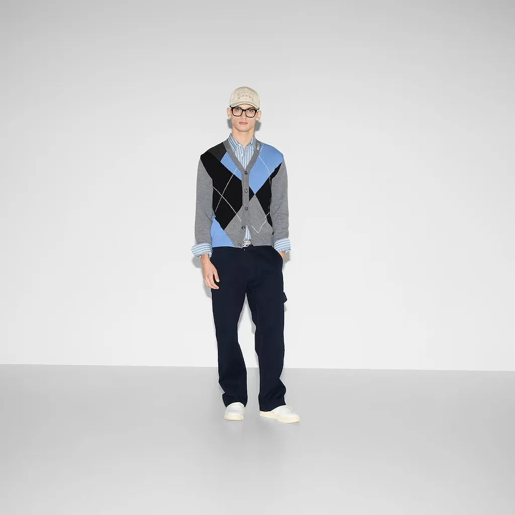 Wool Cashmere Argyle Knit Cardigan