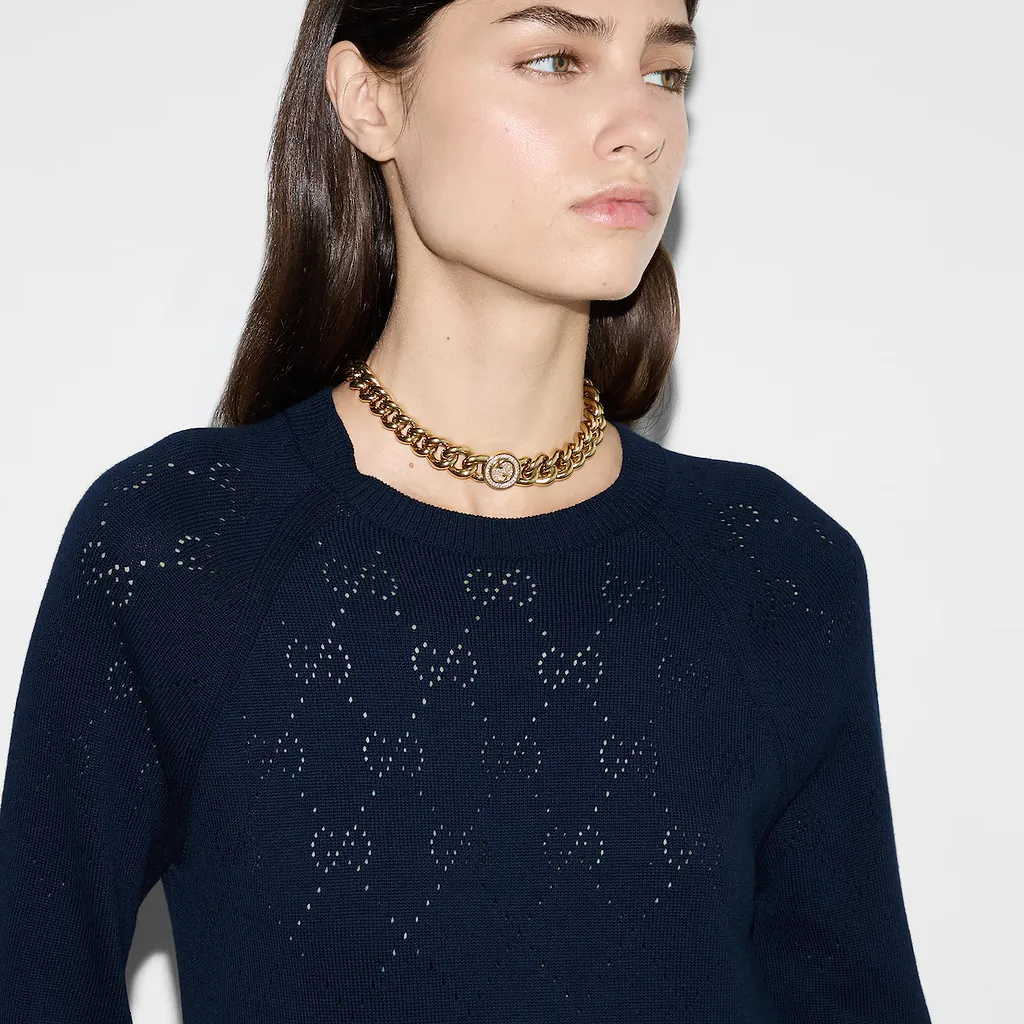 Cotton Crewneck Top With Gg Argyle
